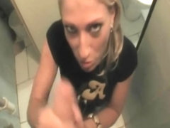 Horny blonde bitch sucks cock in toilette