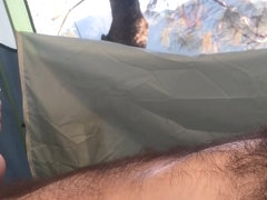 Cougar wife strokes my hard cock until I orgasm Glamping in Tent Outdoors