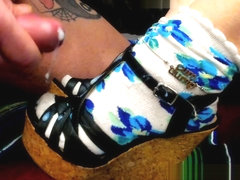 Cumshot on Big Wedge Sandals with Flower Ankle Socks