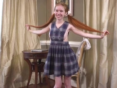 Ginger schoolgirl, Dolly Little is masturbating in front of the camera and moaning while cumming