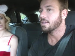 Petite hitchhiker Haley Reed rubs her pussy in the car
